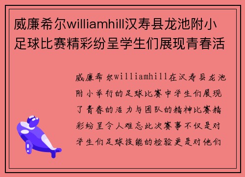威廉希尔williamhill汉寿县龙池附小足球比赛精彩纷呈学生们展现青春活力与团队精神