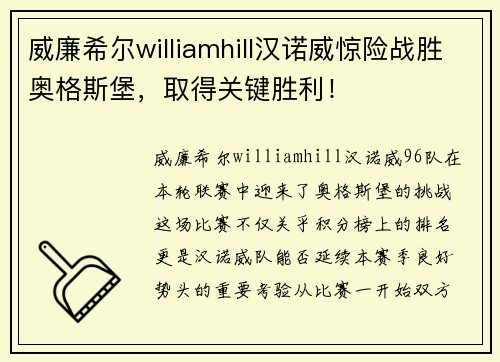 威廉希尔williamhill汉诺威惊险战胜奥格斯堡，取得关键胜利！