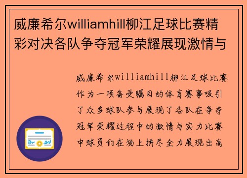 威廉希尔williamhill柳江足球比赛精彩对决各队争夺冠军荣耀展现激情与实力