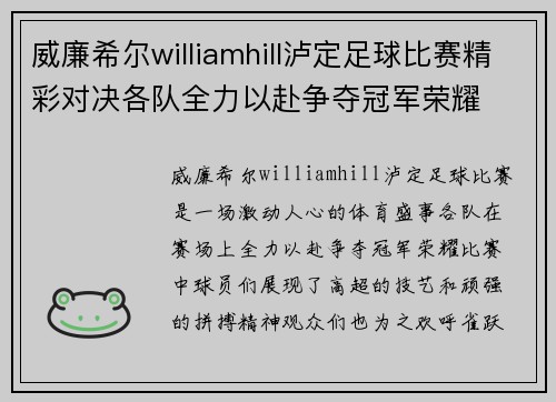 威廉希尔williamhill泸定足球比赛精彩对决各队全力以赴争夺冠军荣耀